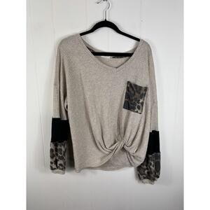 Chic Soul Leopard Print Long Sleeve Front Knot Blouse 1X Waffle Knit